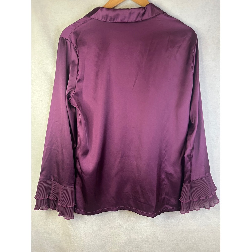 Women's M purple button up blouse pleated cuff ruffle long sleeve satin Boho - Picture 2 of 8